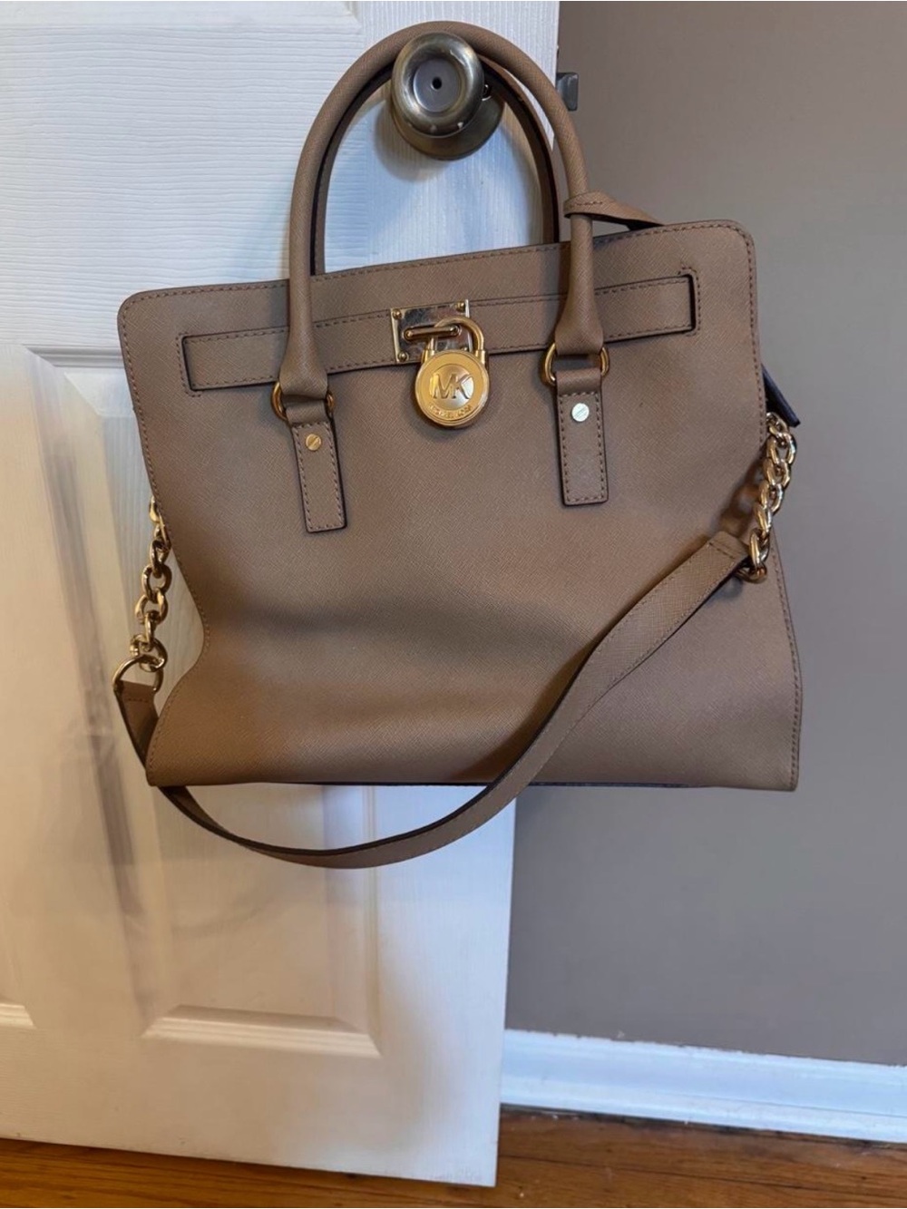 Michael Kors Taupe Saffiano Satchel with Gold Hardware